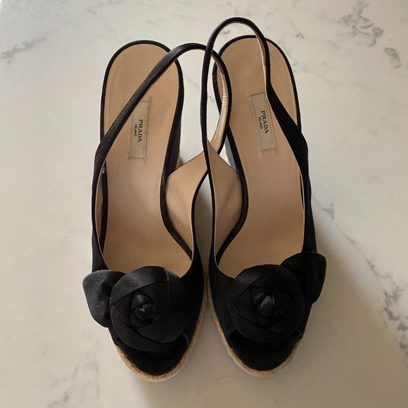 prada satin wedge peep toe espadrilles w/ rosette - Picture 2 of 6